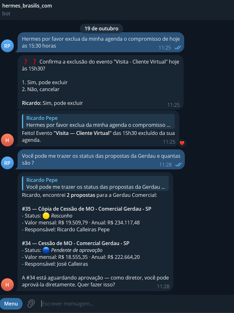 Conversa real no Telegram: o agente cancela um compromisso após confirmação e consulta propostas com status e valores