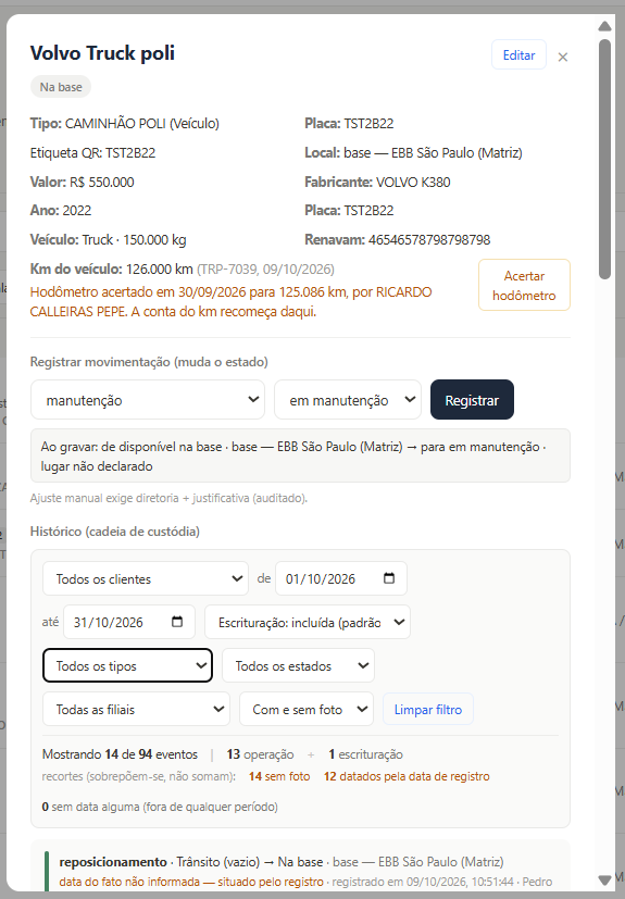 Cadastro de caminhão com localização registrada, hodômetro e filtros do histórico de custódia